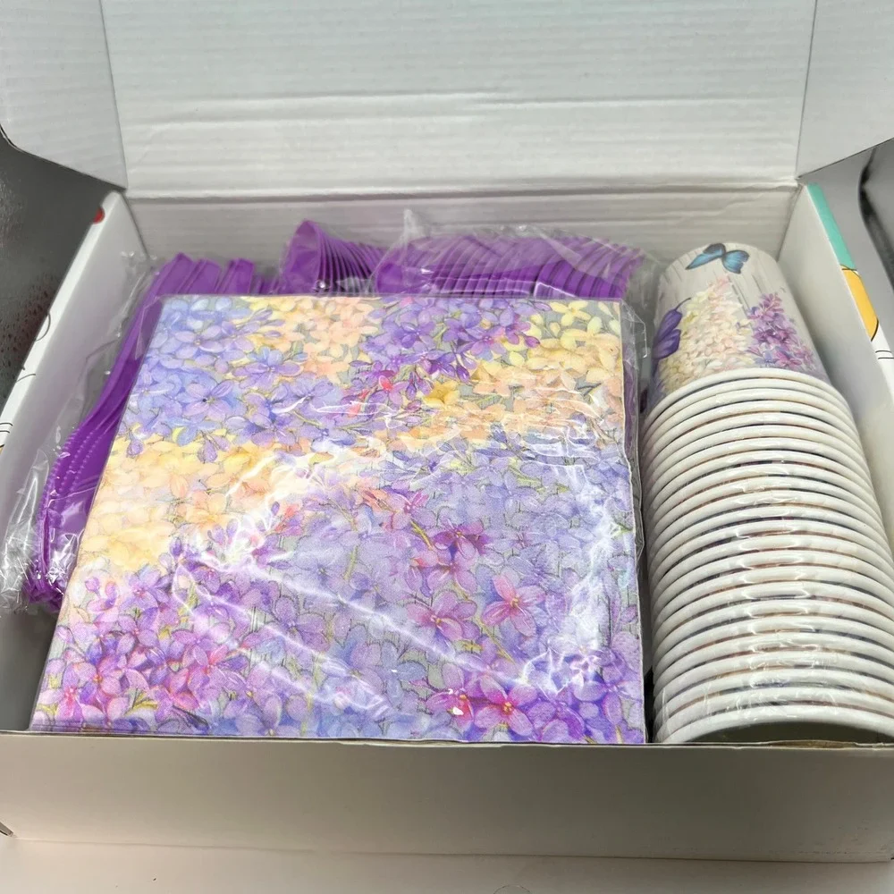 HIPVVILD Butterfly Theme Party Supplies Set Purple Floral Plates Cups Napkins